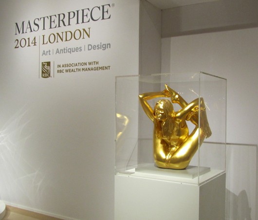 The gold-plated bronze sculpture of supermodel Kate Moss in  contorted pose by Marc Quinn, brought to Masterpiece London by Modern  British dealers Osborne Samuel. Image Auction Central News.